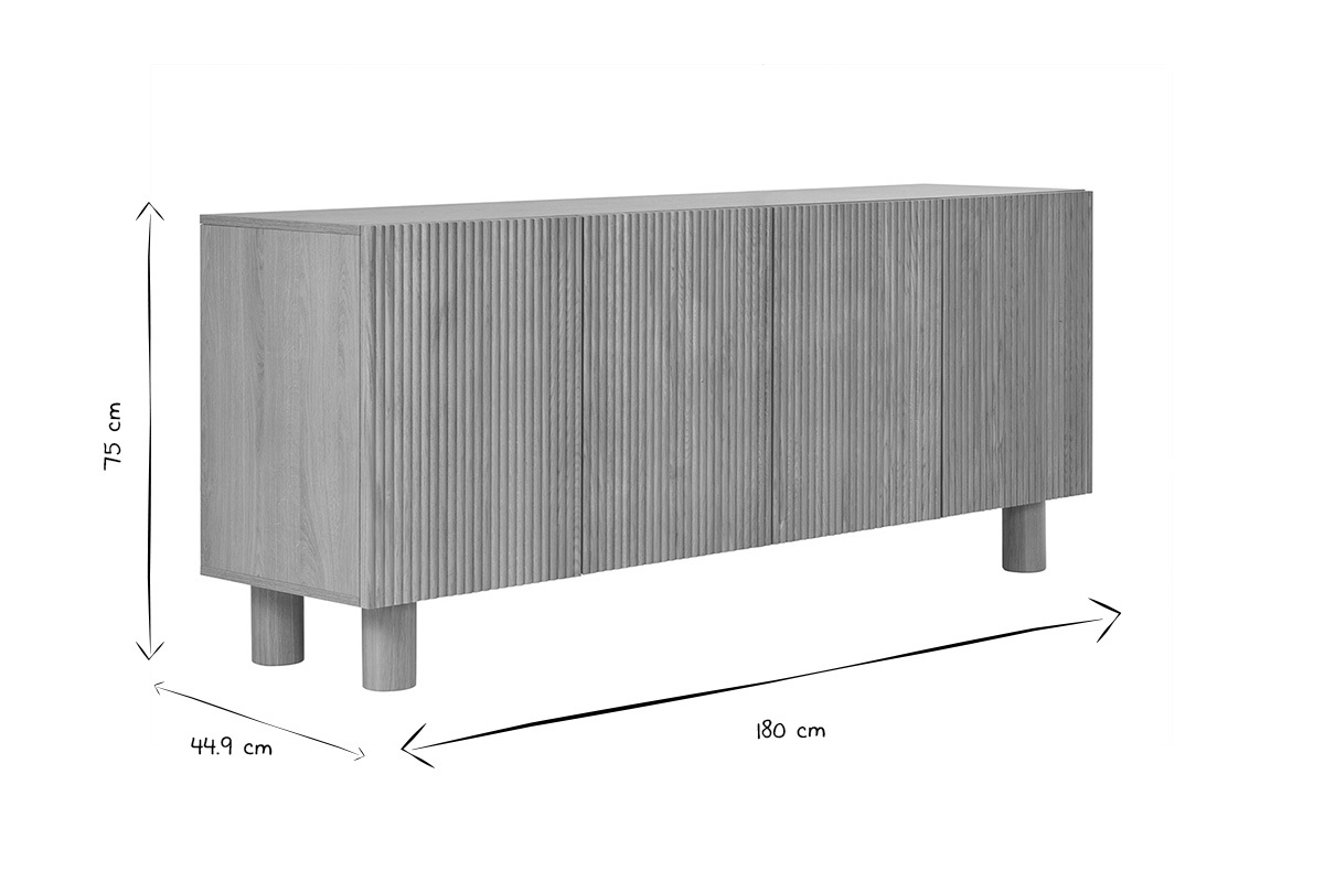 Design-Sideboard aus hellem, massiver Eiche mit Gravur 4-trig B180 cm GOSHI