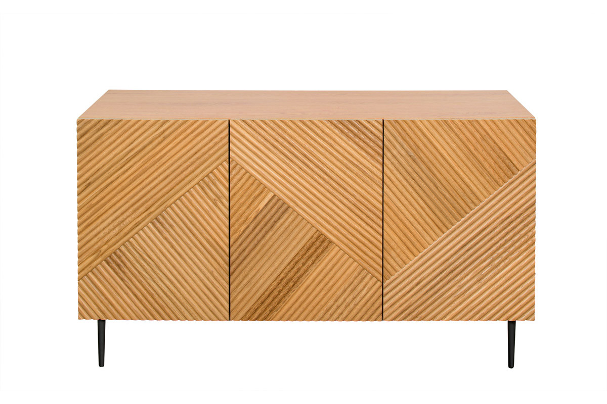 Design-Sideboard aus heller, massiver Eiche mit Gravur und schwarzem Metall, 3 Tren, B135 cm ARCHIPEL