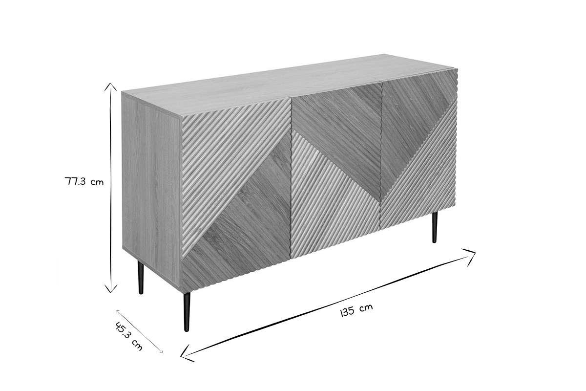 Design-Sideboard aus heller, massiver Eiche mit Gravur und schwarzem Metall, 3 Tren, B135 cm ARCHIPEL