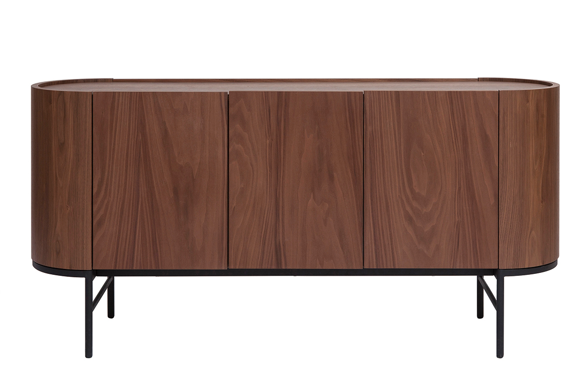 Design-Sideboard dunkles Walnussfurnier und schwarzes Metall 3 Tren B160 cm SKYE