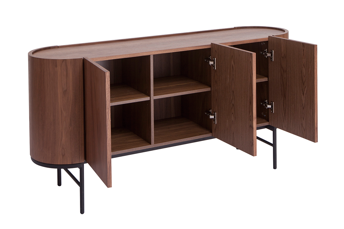 Design-Sideboard dunkles Walnussfurnier und schwarzes Metall 3 Tren B160 cm SKYE