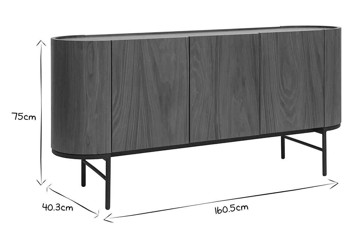 Design-Sideboard dunkles Walnussfurnier und schwarzes Metall 3 Tren B160 cm SKYE