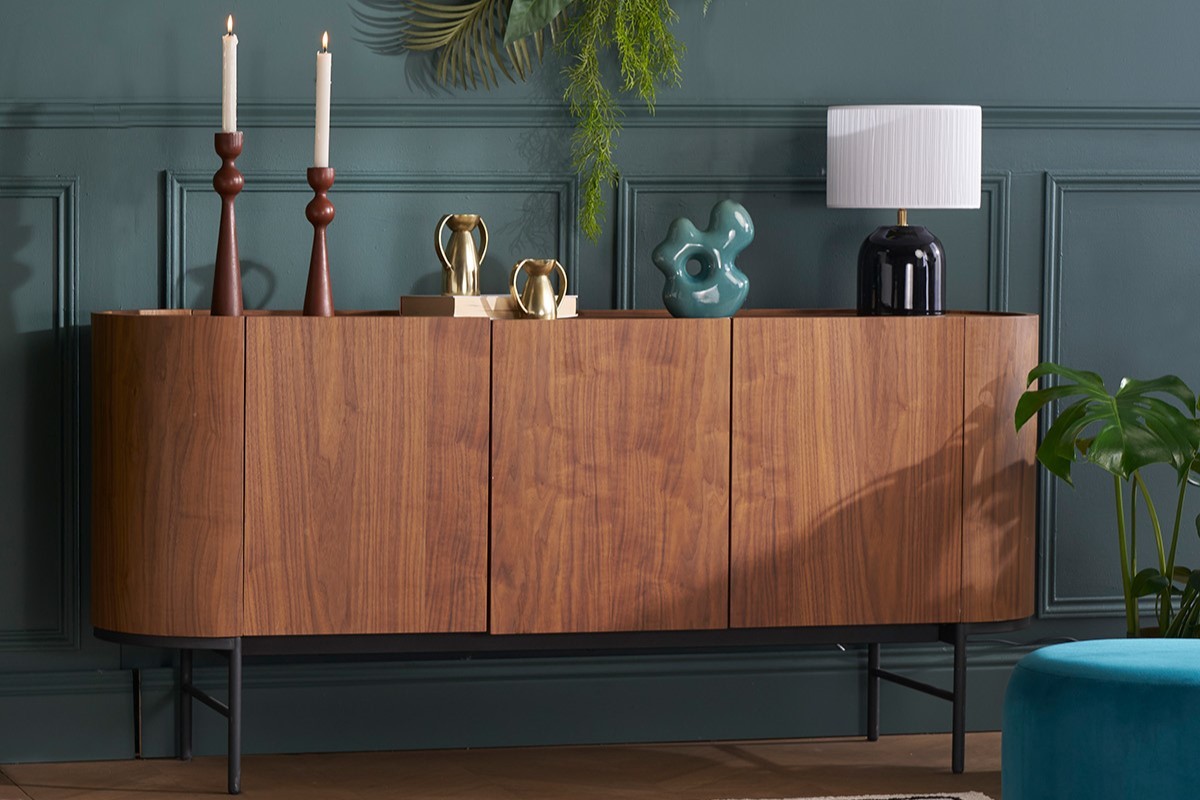 Design-Sideboard dunkles Walnussfurnier und schwarzes Metall 3 Tren B160 cm SKYE