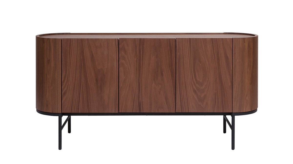 Design-Sideboard dunkles Walnussfurnier und schwarzes Metall 3 Tren B160 cm SKYE