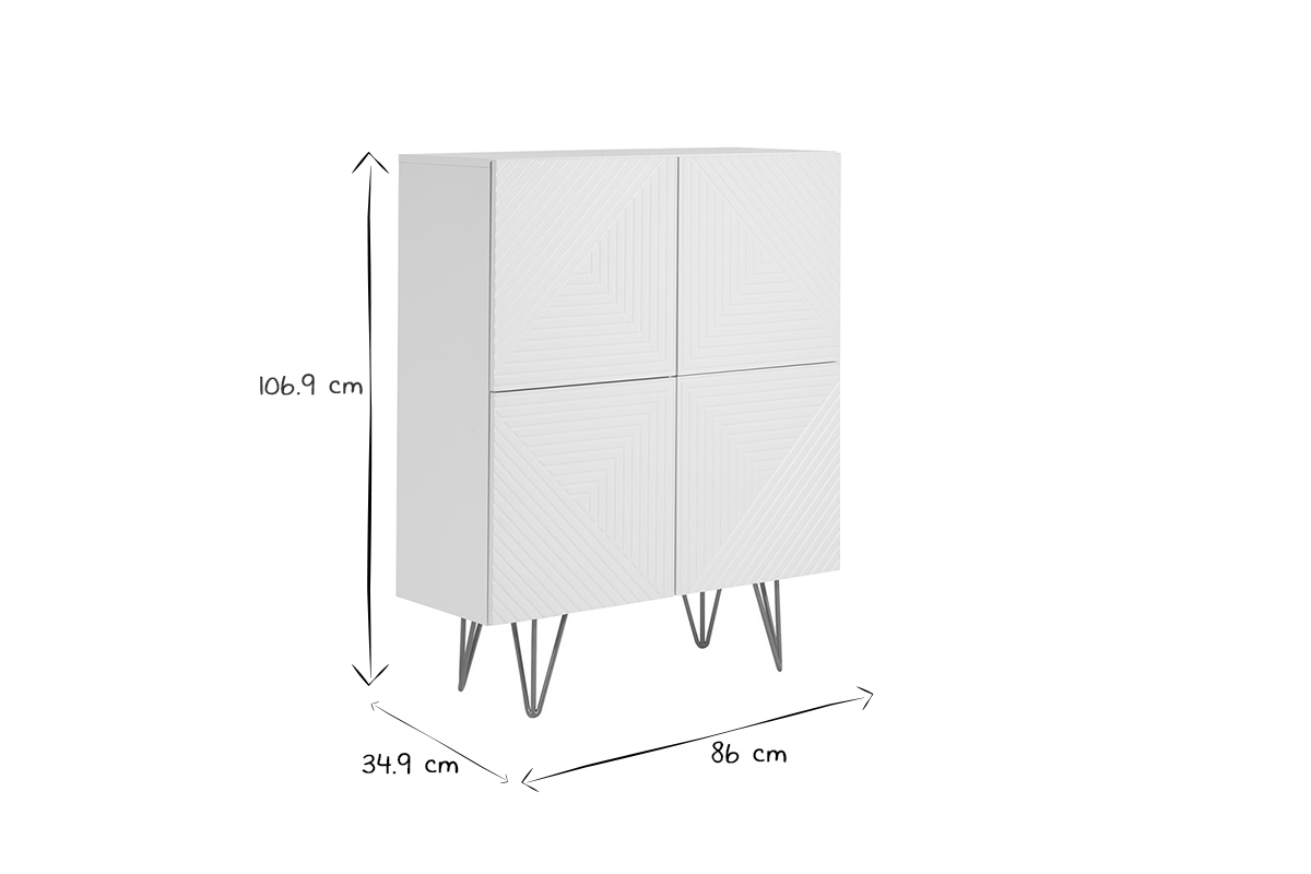 Design-Sideboard graviert matt wei und vergoldetem Metall 4 Tren B86 cm OZEN