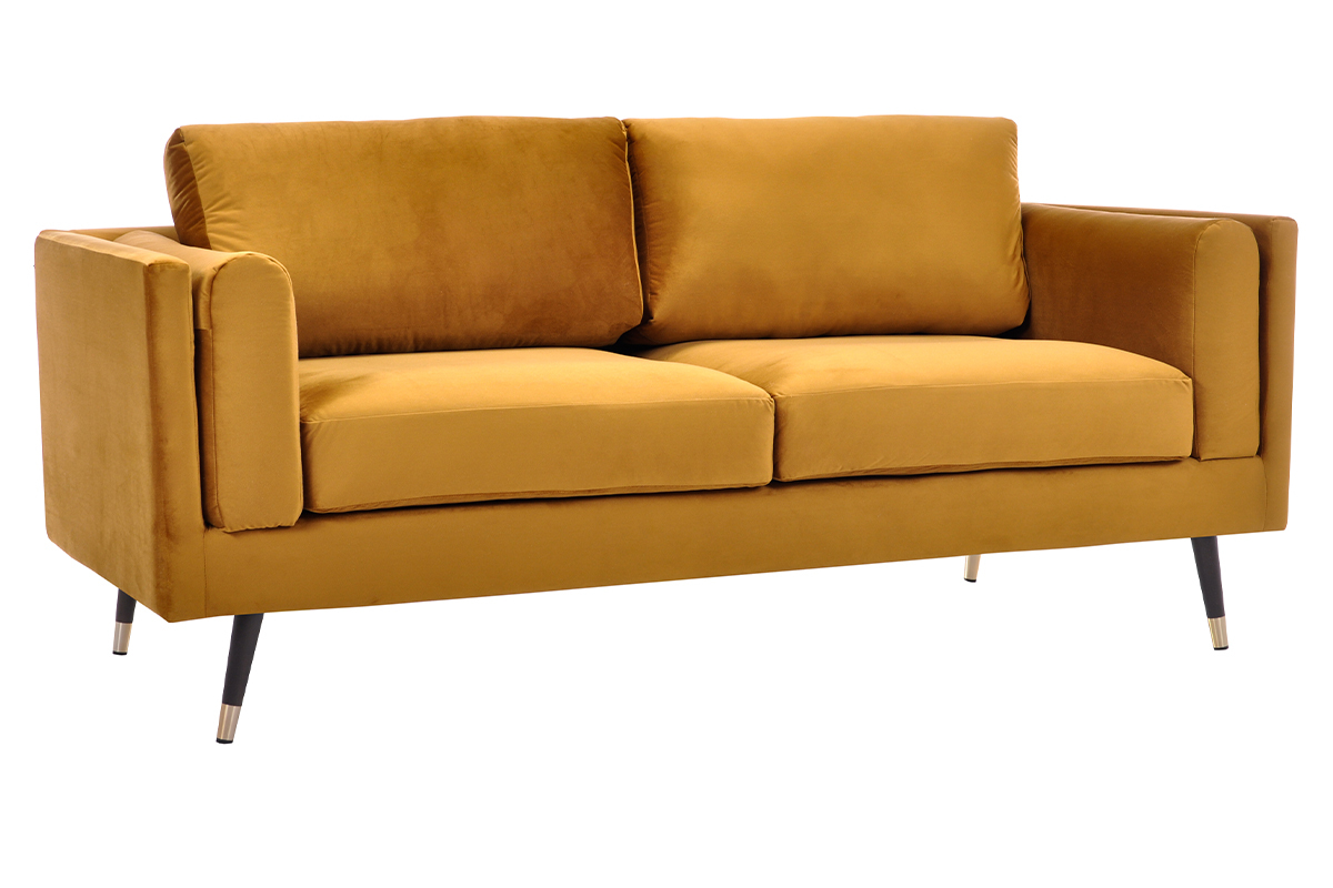 Design-Sofa 2/3-Sitzer in gelben Samtstoff, dunkles Holz und goldfarbenes Metall STING