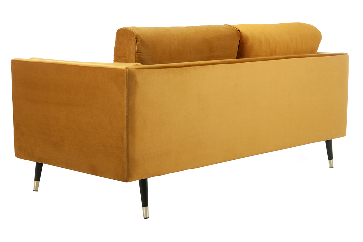 Design-Sofa 2/3-Sitzer in gelben Samtstoff, dunkles Holz und goldfarbenes Metall STING