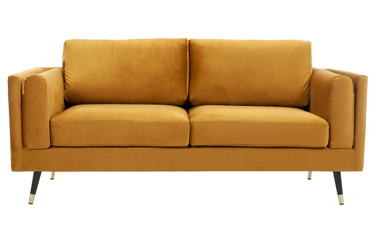 Design-Sofa 2/3-Sitzer in gelben Samtstoff, dunkles Holz und goldfarbenes Metall STING