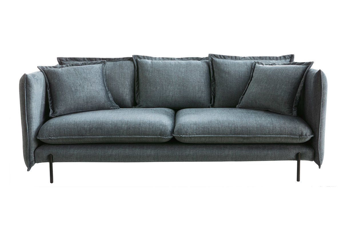 Design-Sofa 3/4-Sitzer in blaugrauem Veloursstoff und schwarzem Metall ALMAR