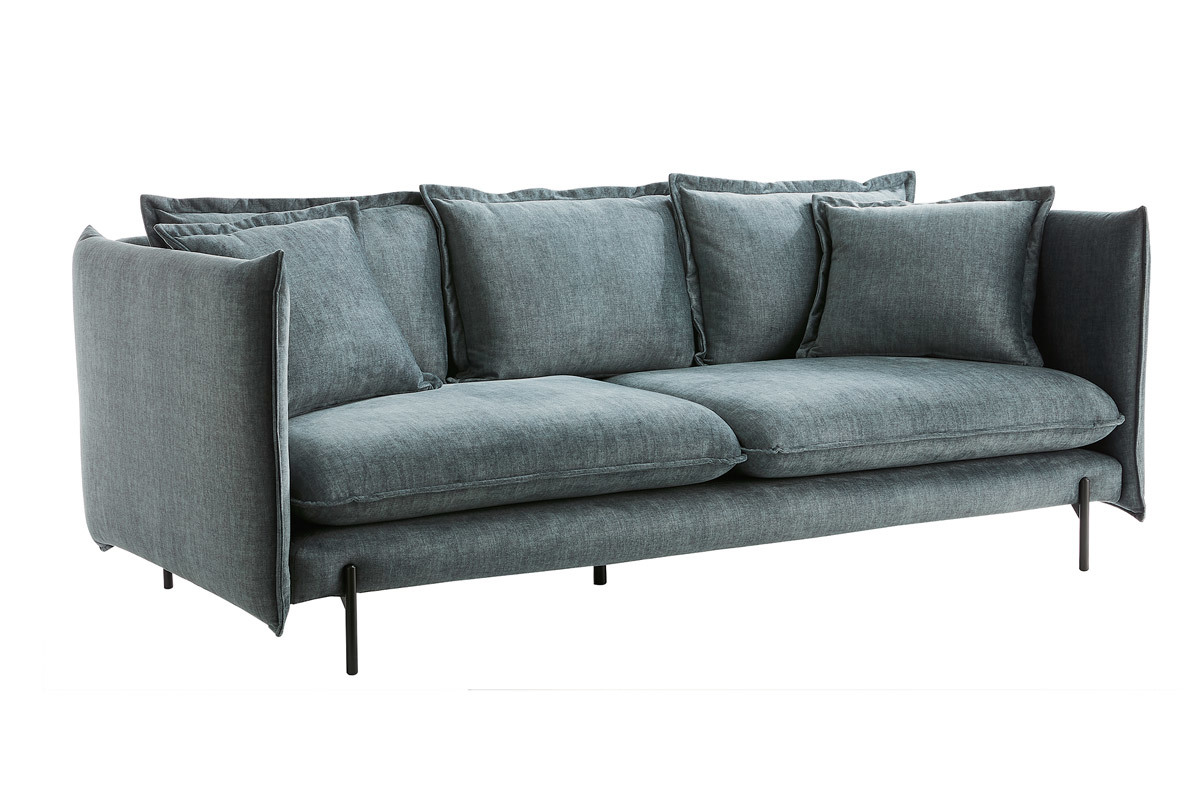 Design-Sofa 3/4-Sitzer in blaugrauem Veloursstoff und schwarzem Metall ALMAR