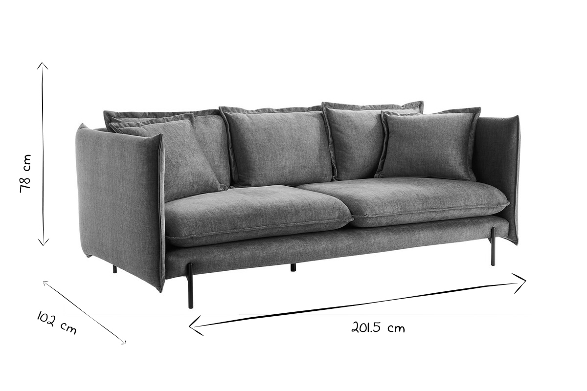 Design-Sofa 3/4-Sitzer in blaugrauem Veloursstoff und schwarzem Metall ALMAR