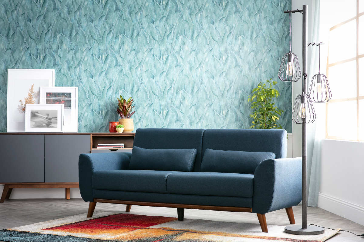 Design-Sofa 3 Pltze Stoff Blau Beine Nussbaum EKTOR