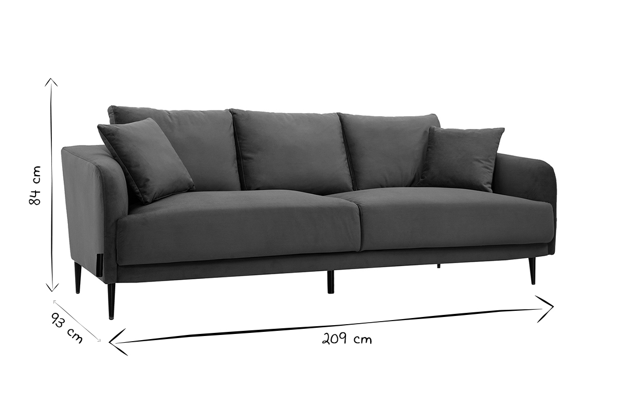 Design-Sofa mit grauem Stoff im Samtdesign und schwarzem Metall 3-Sitzer JERRY