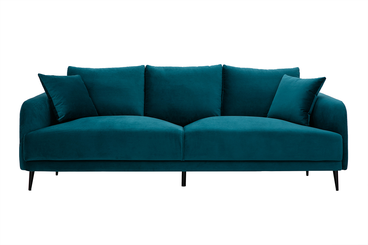 Design-Sofa mit petrolblauem Stoff im Samtdesign und schwarzem Metall 3-Sitzer JERRY