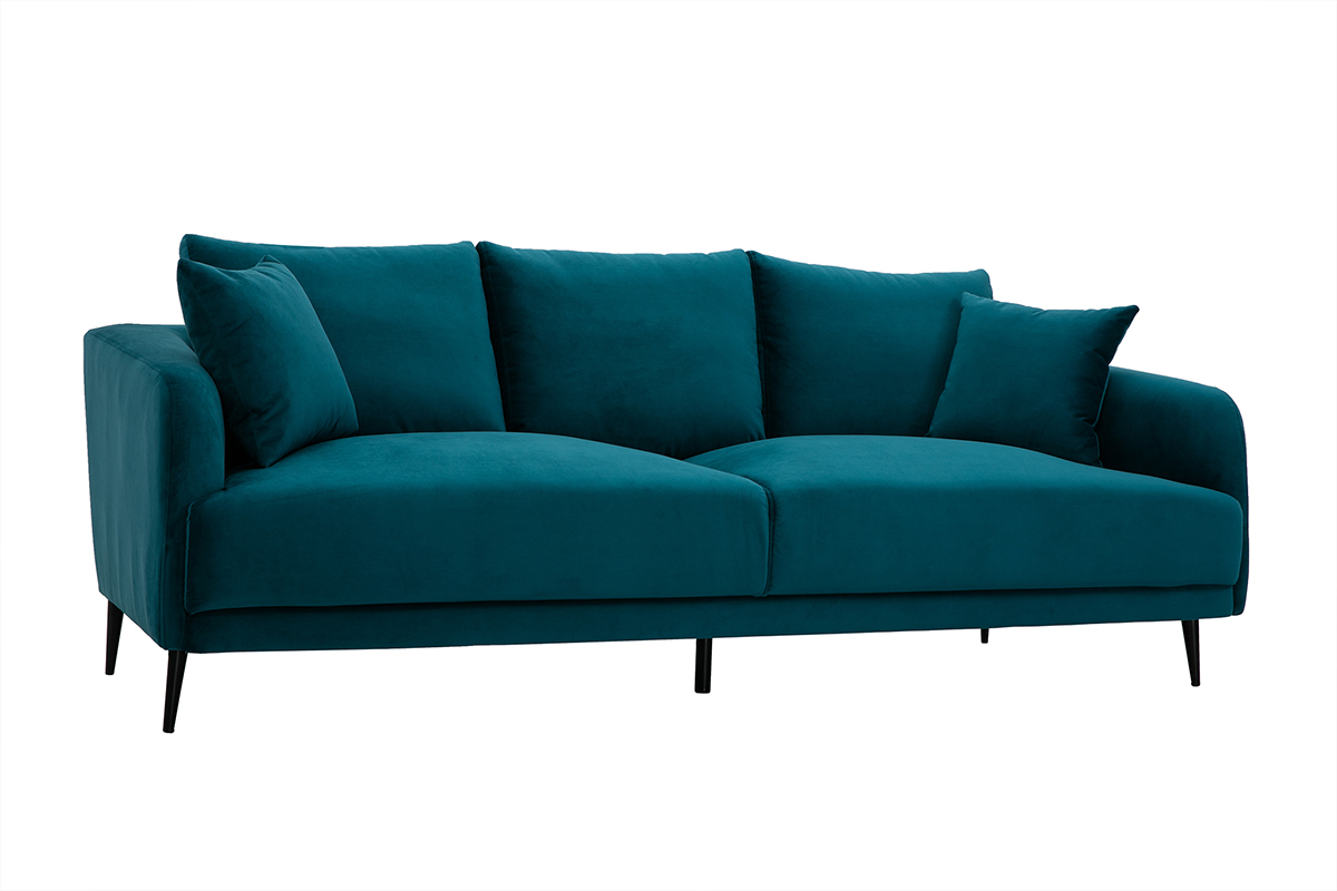 Design-Sofa mit petrolblauem Stoff im Samtdesign und schwarzem Metall 3-Sitzer JERRY