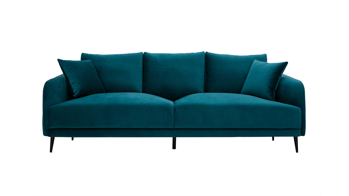 Design-Sofa mit petrolblauem Stoff im Samtdesign und schwarzem Metall 3-Sitzer JERRY