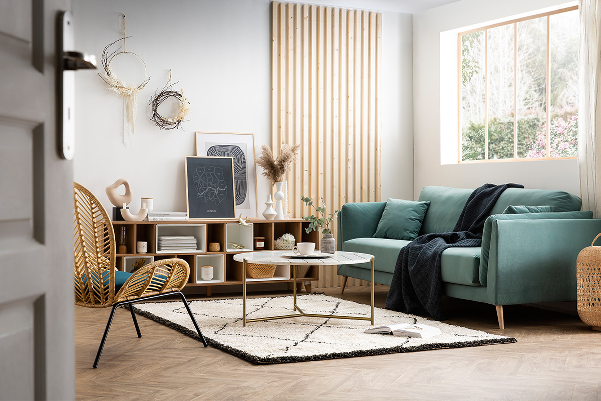 Design-Sofa VOGUE drei Sitze aus eisblauem Samt