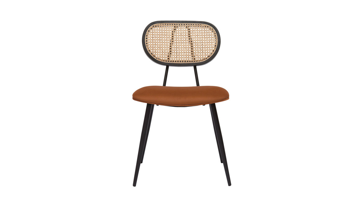 Design-Sthle aus rotbraunem Samtstoff, schwarzem Metall und naturfarbenem Rattangeflecht (2er-Set) TOLMA