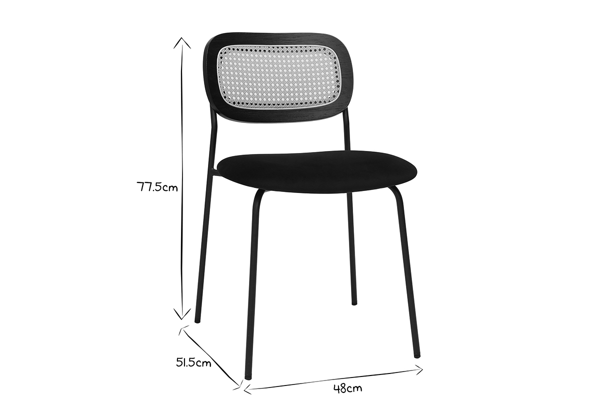 Design Sthle aus schwarzem Samt, schwarzem Metall und Rattan-Geflecht (Set von 2) MIRANDA