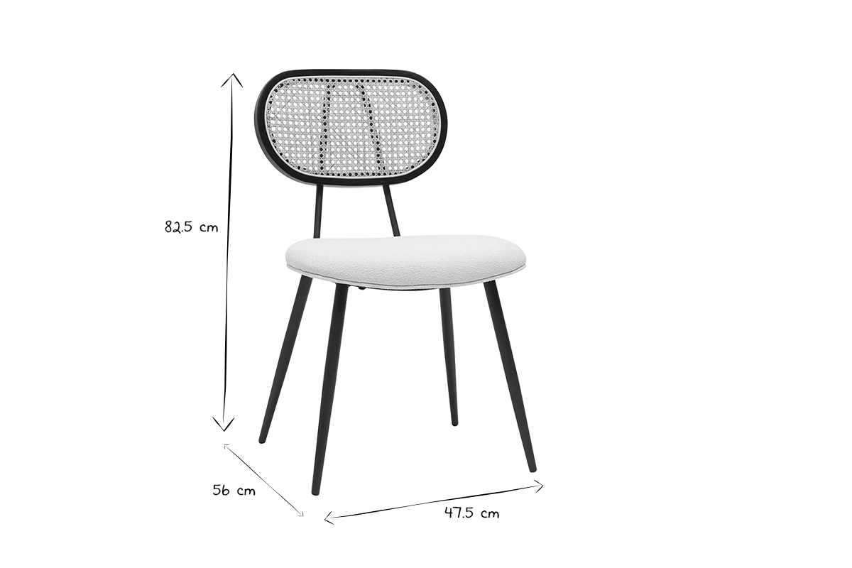 Design-Sthle aus Stoff mit Wolleffekt in Off-White, schwarzem Metall und naturfarbenem Rattangeflecht (2er-Set) TOLMA