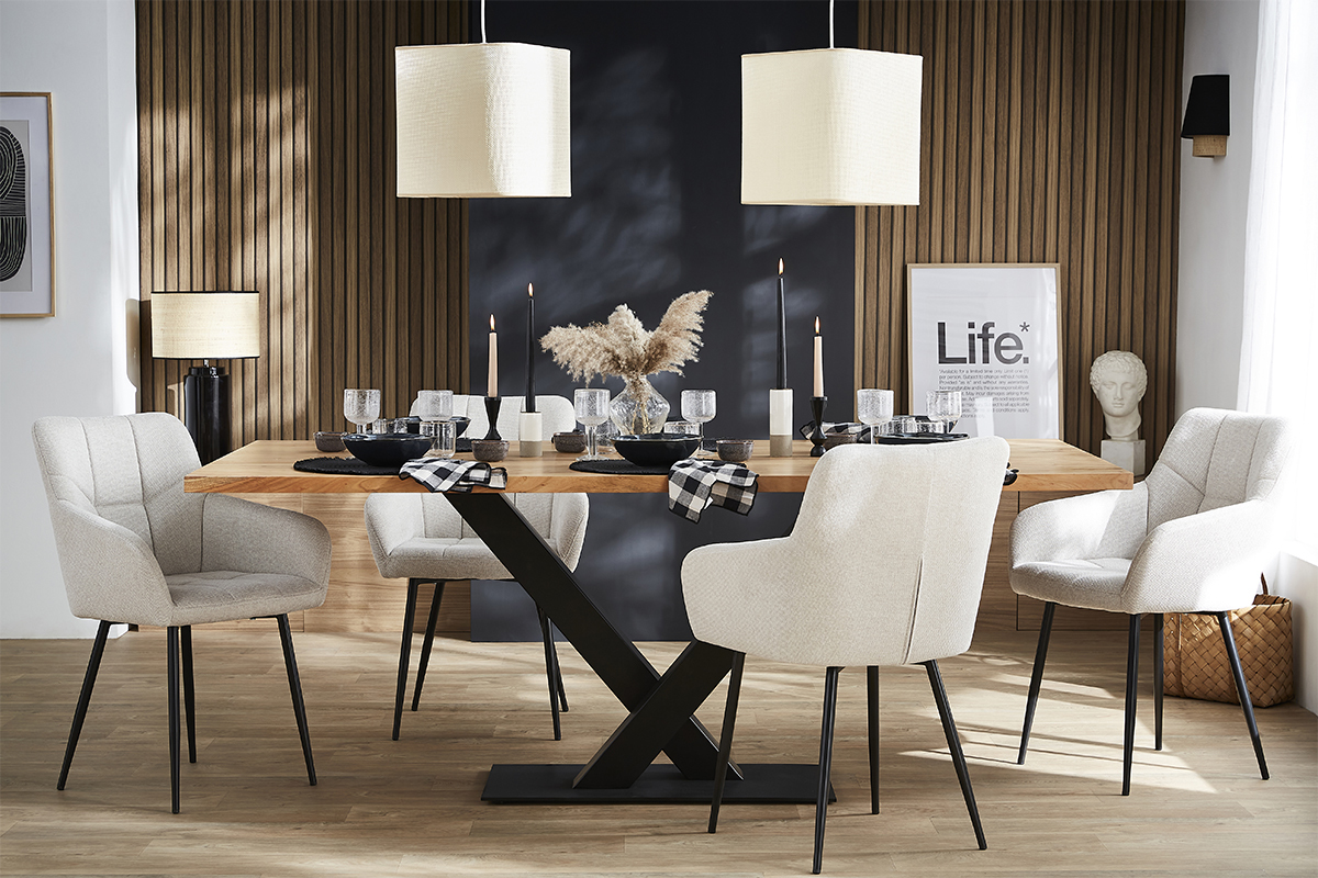 Design-Sthle Stoff mit strukturiertem Samteffekt in Beige und schwarze Metallfe (2er-Set) MONTERO