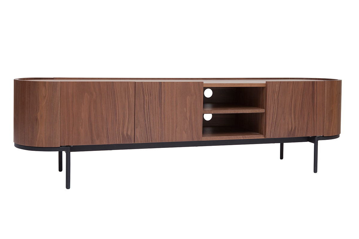 Design-TV-Mbel aus dunklem Walnussfurnier und schwarzem Metall mit Stauraum B180 cm SKYE