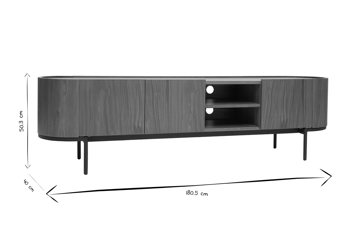 Design-TV-Mbel aus dunklem Walnussfurnier und schwarzem Metall mit Stauraum B180 cm SKYE