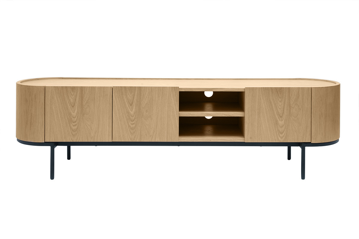 Design-TV-Mbel aus hellem Holz und schwarzem Metall mit Stauraum B180 cm SKYE