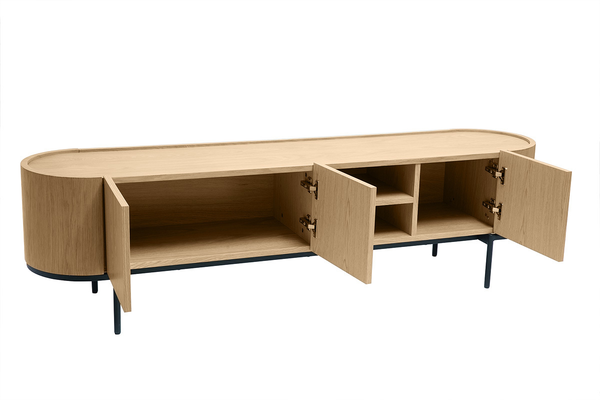 Design-TV-Mbel aus hellem Holz und schwarzem Metall mit Stauraum B180 cm SKYE