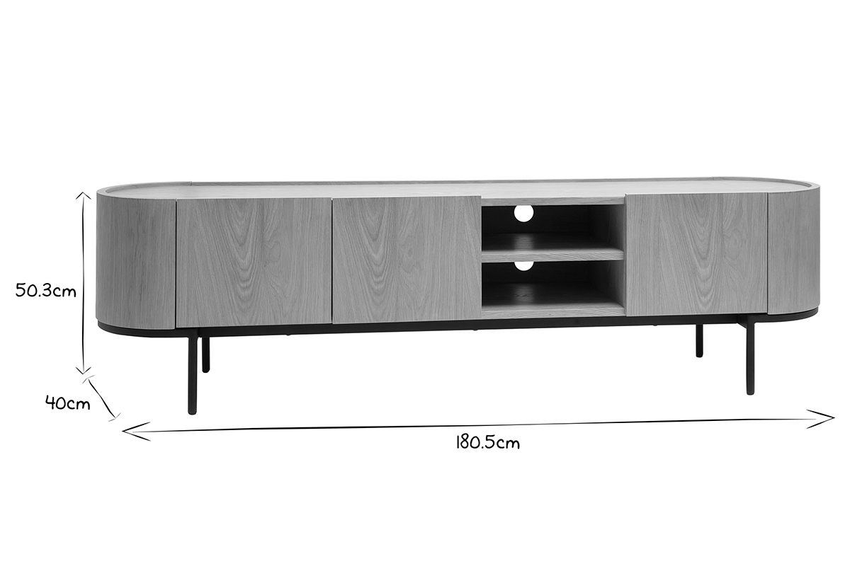 Design-TV-Mbel aus hellem Holz und schwarzem Metall mit Stauraum B180 cm SKYE