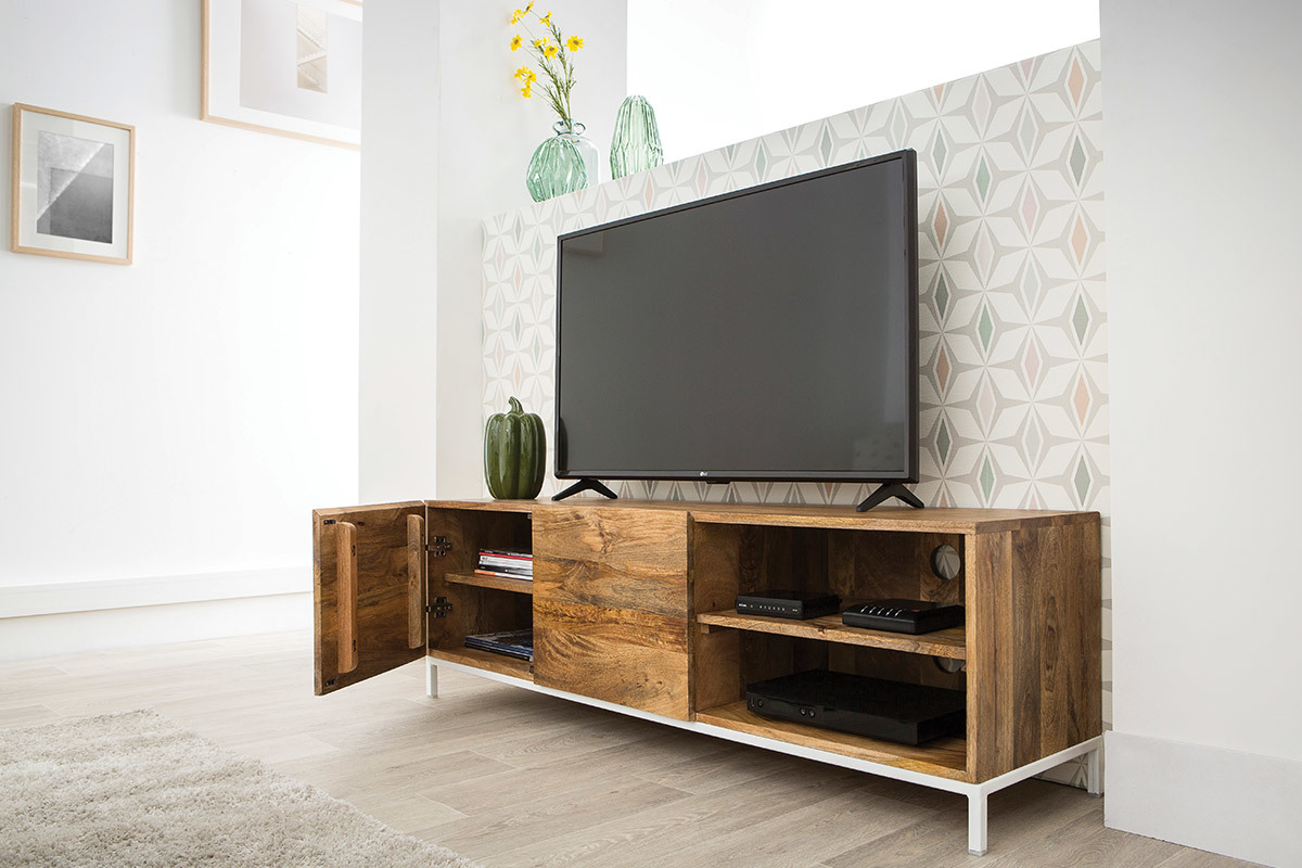 Design-TV-Mbel Mangoholz und Metall Wei 145cm BOHO