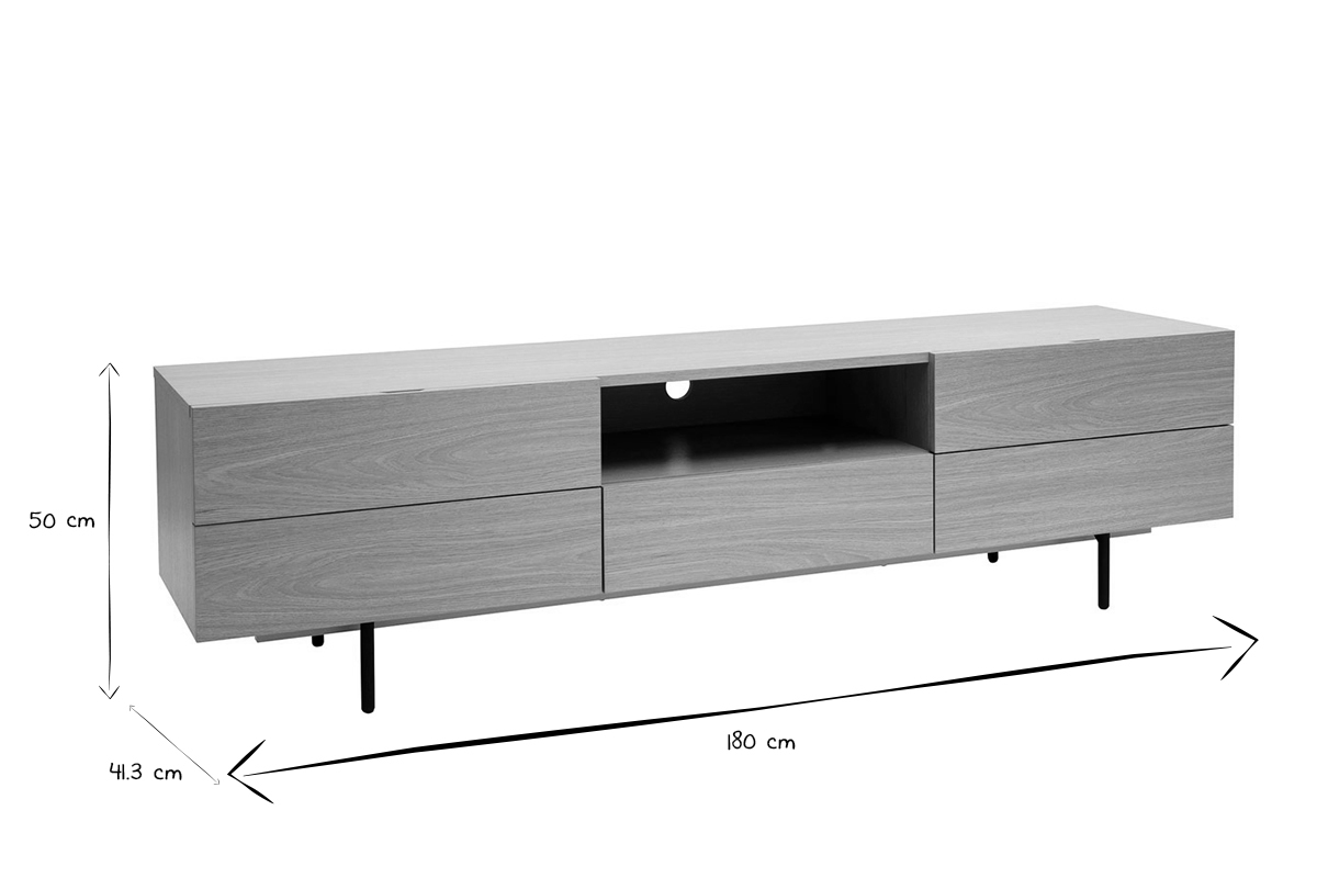 Design-TV-Mbel mit Stauraum aus hellem Eichenfurnier und schwarzem Metall B180 cm ALASKA