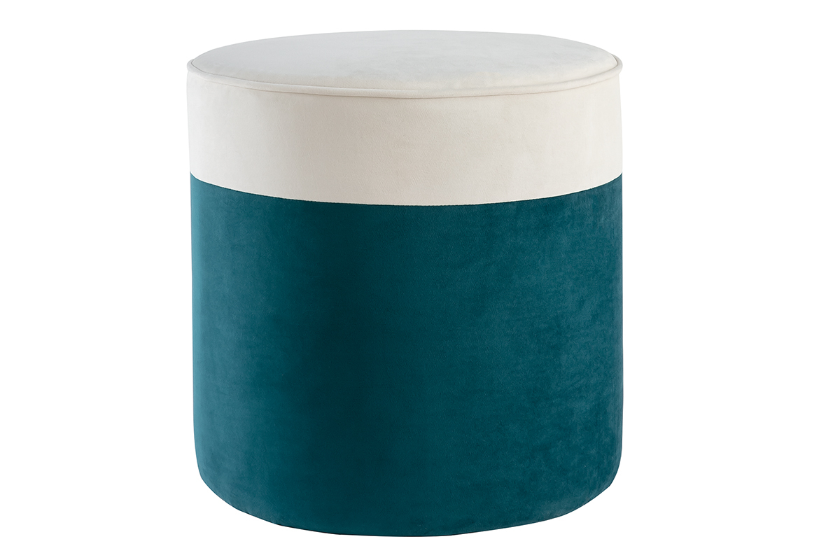 Designer-Hocker aus cremeweiem und pfauenblauem Samt D 40 cm DAISY