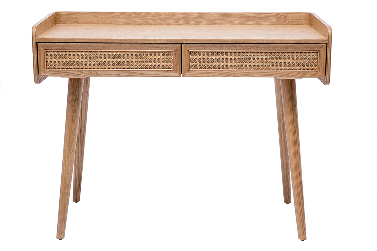 Designschreibtisch mit 2 Schubladen aus hellem Holz und Rattan-Geflecht L105 cm ELSY