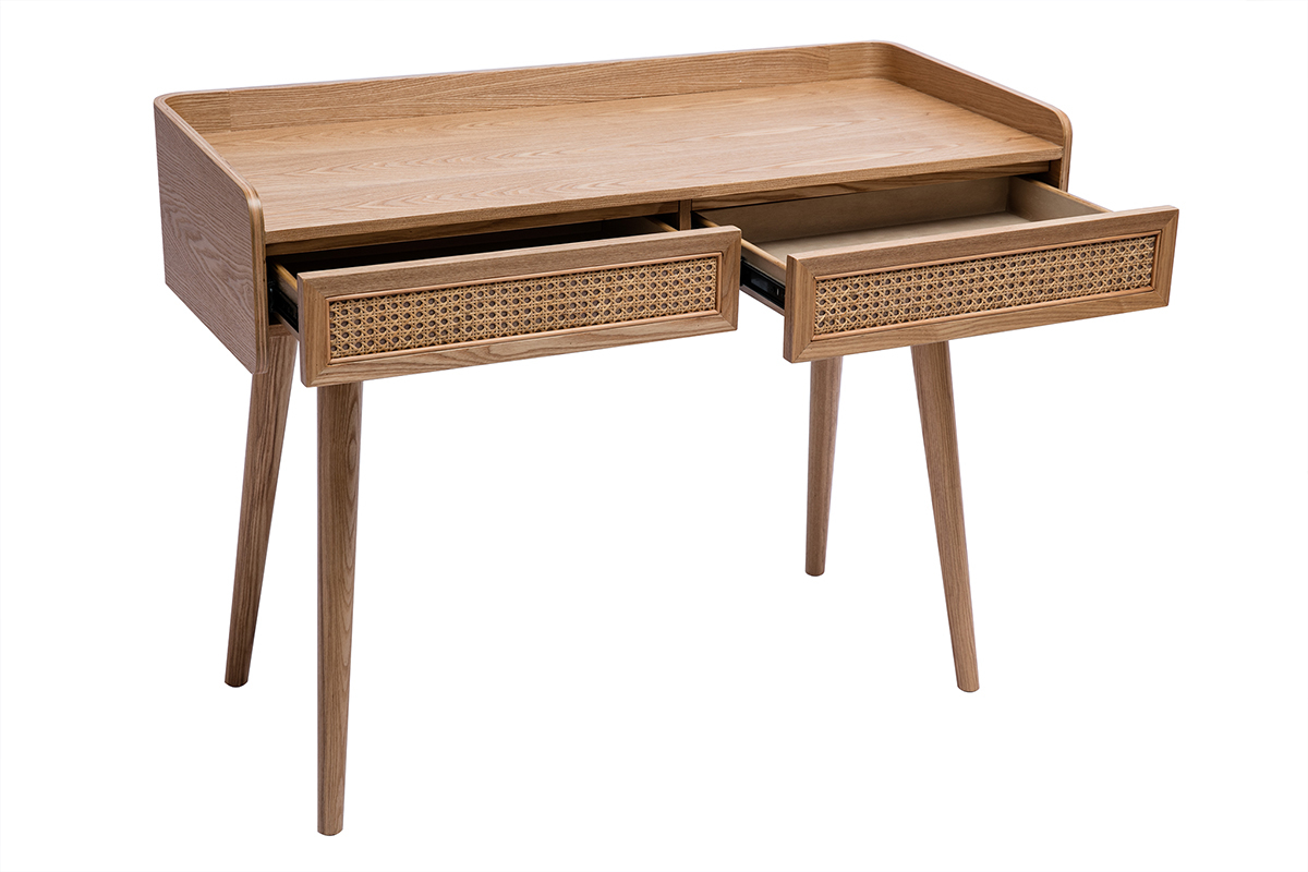 Designschreibtisch mit 2 Schubladen aus hellem Holz und Rattan-Geflecht L105 cm ELSY