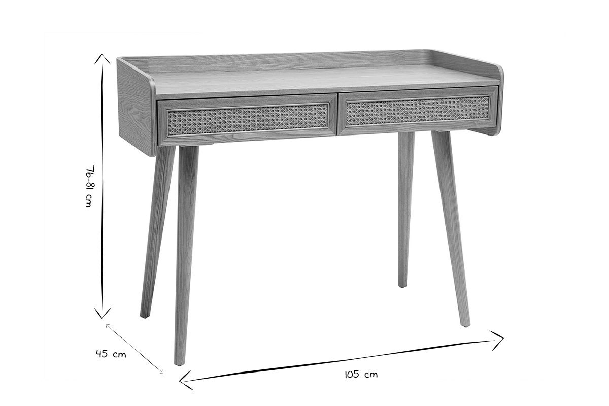 Designschreibtisch mit 2 Schubladen aus hellem Holz und Rattan-Geflecht L105 cm ELSY