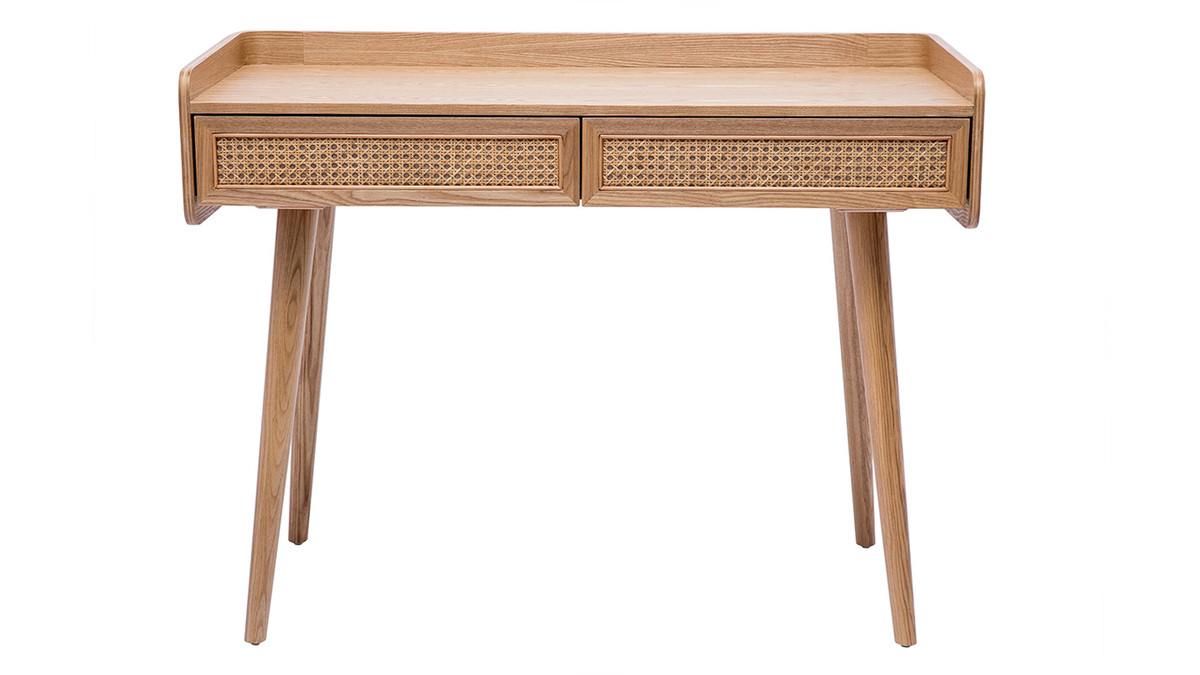 Designschreibtisch mit 2 Schubladen aus hellem Holz und Rattan-Geflecht L105 cm ELSY