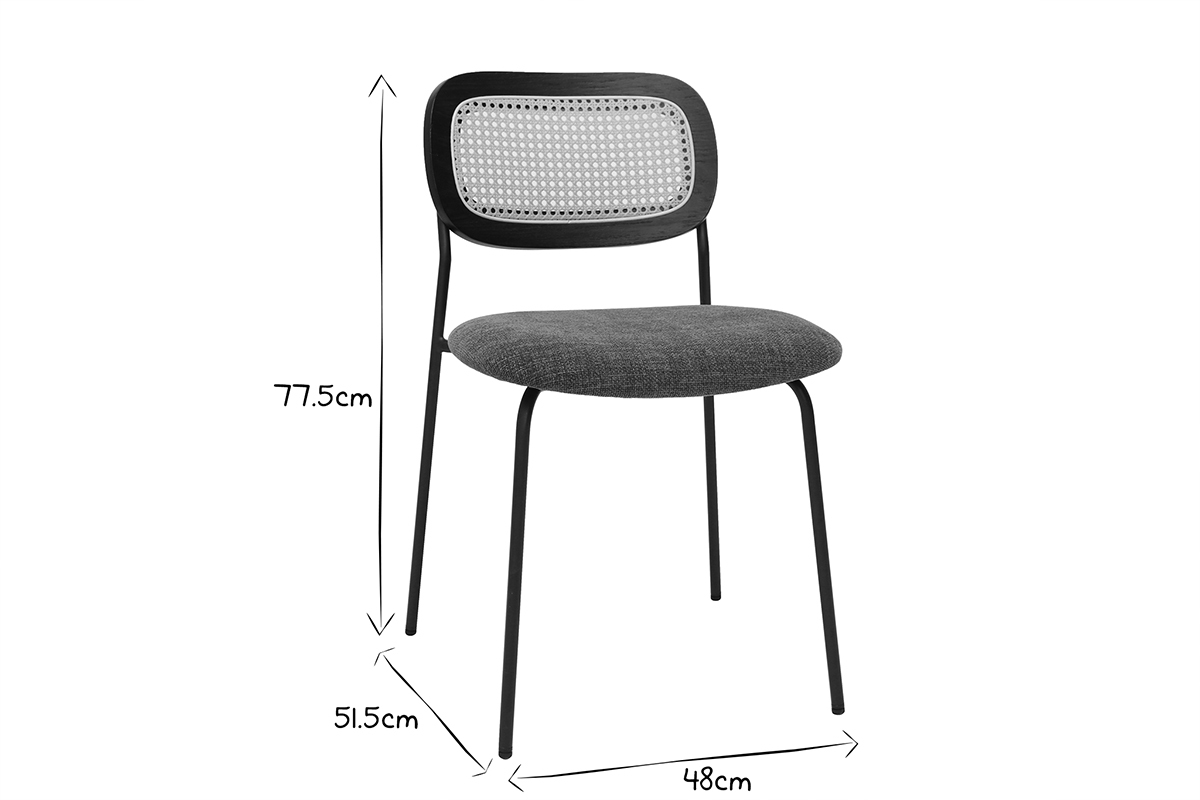 Designsthle aus grnem strukturiertem Samtstoff, schwarzem Metall und Rattan-Geflecht (2er-Set) MIRANDA