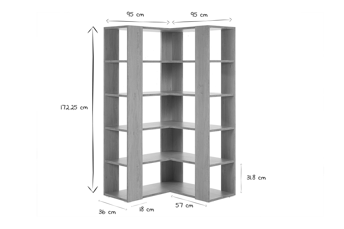 Eck-Bcherregal in hellem Eichenholz und schwarzem Metall B95 cm MUSSO