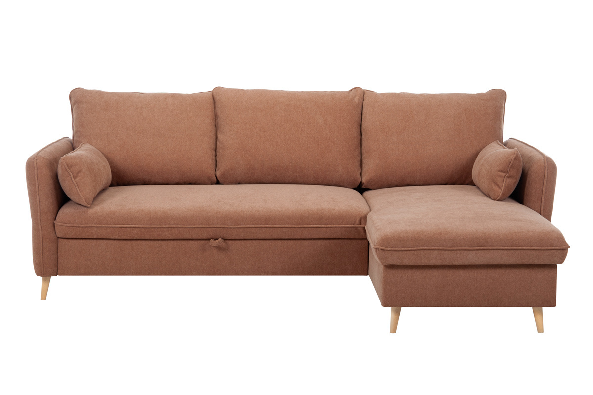 Eck-Schlafsofa mit Stauraum 3/4-Sitzer Stoff in Terracotta und helles Holz DRISS