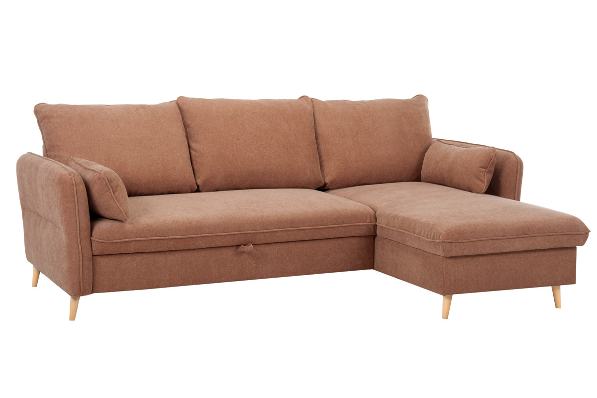 Eck-Schlafsofa mit Stauraum 3/4-Sitzer Stoff in Terracotta und helles Holz DRISS