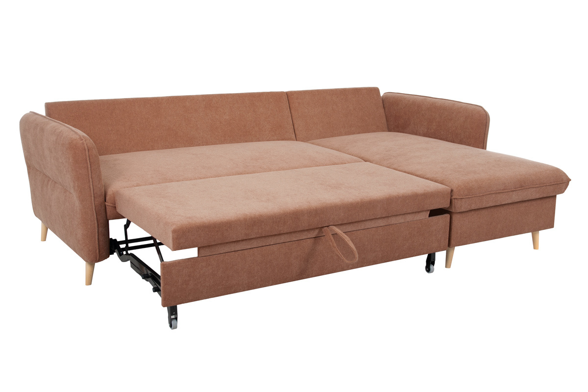 Eck-Schlafsofa mit Stauraum 3/4-Sitzer Stoff in Terracotta und helles Holz DRISS