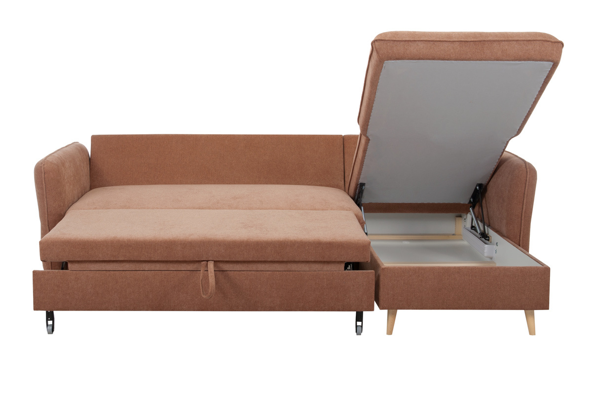 Eck-Schlafsofa mit Stauraum 3/4-Sitzer Stoff in Terracotta und helles Holz DRISS