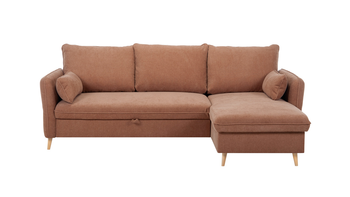 Eck-Schlafsofa mit Stauraum 3/4-Sitzer Stoff in Terracotta und helles Holz DRISS