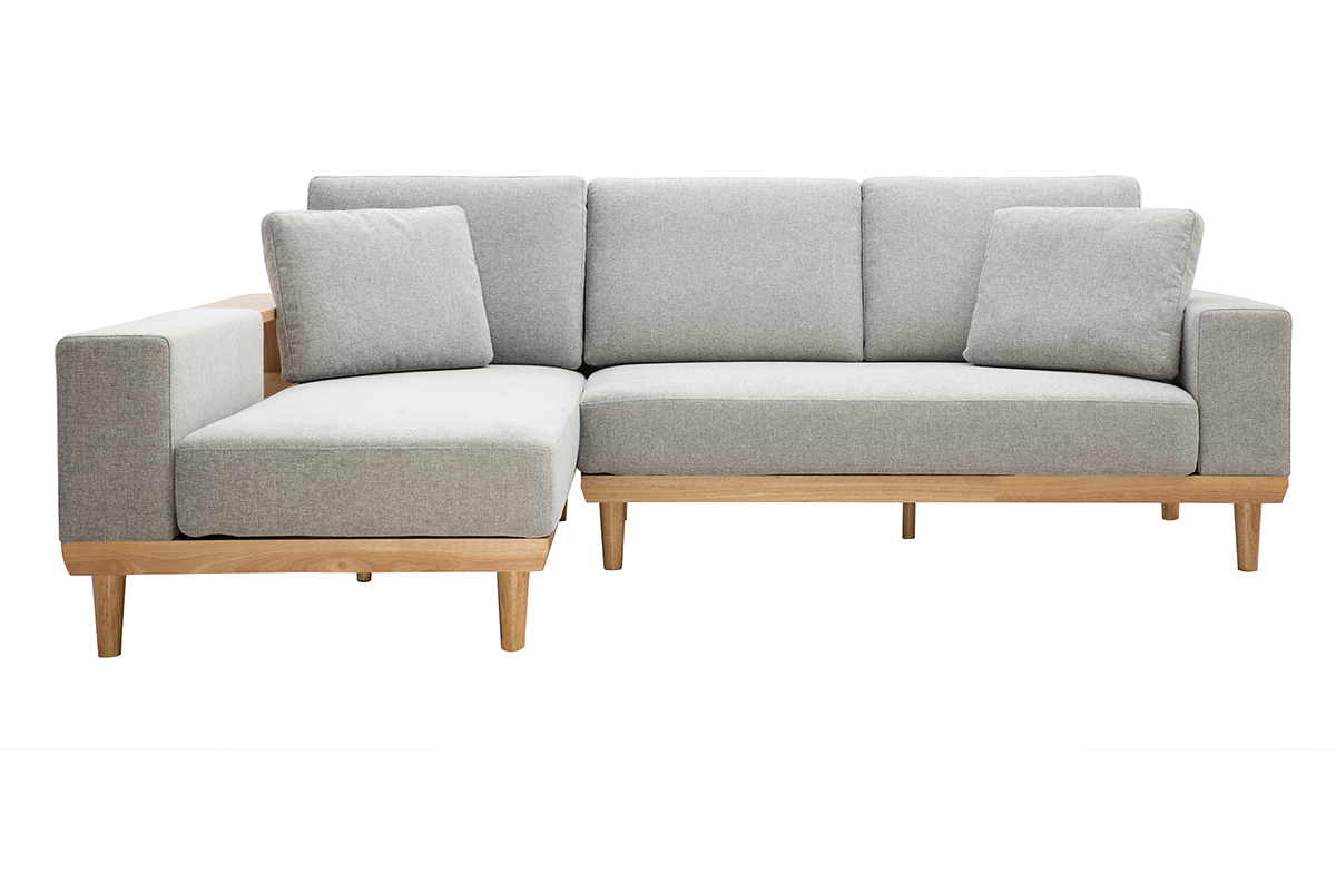 Ecksofa 5-Sitzer mit Stauraum hellgrauer Stoff mit strukturiertem Samteffekt und helles Holz KOMAO.