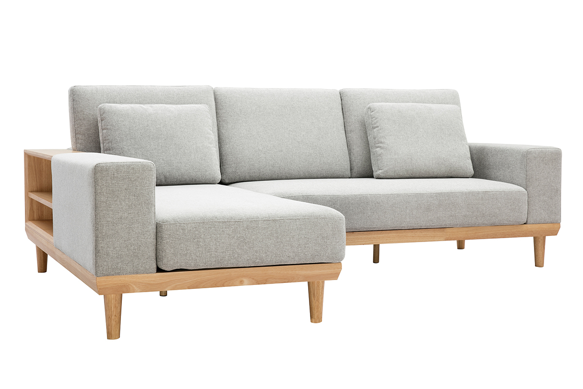 Ecksofa 5-Sitzer mit Stauraum hellgrauer Stoff mit strukturiertem Samteffekt und helles Holz KOMAO.