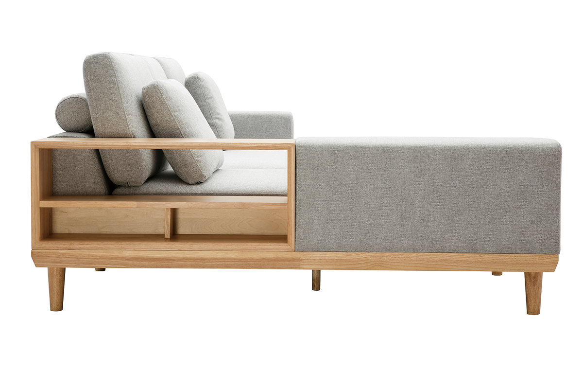 Ecksofa 5-Sitzer mit Stauraum hellgrauer Stoff mit strukturiertem Samteffekt und helles Holz KOMAO.