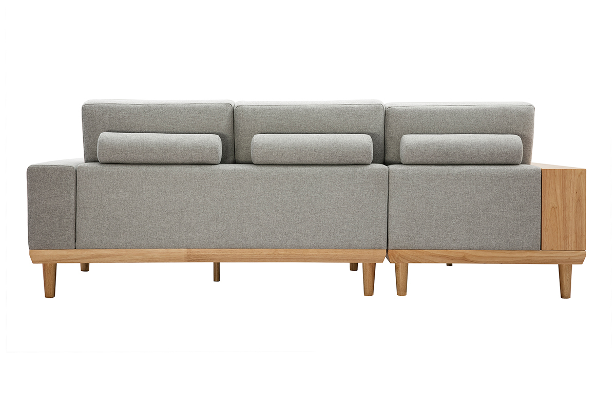 Ecksofa 5-Sitzer mit Stauraum hellgrauer Stoff mit strukturiertem Samteffekt und helles Holz KOMAO.