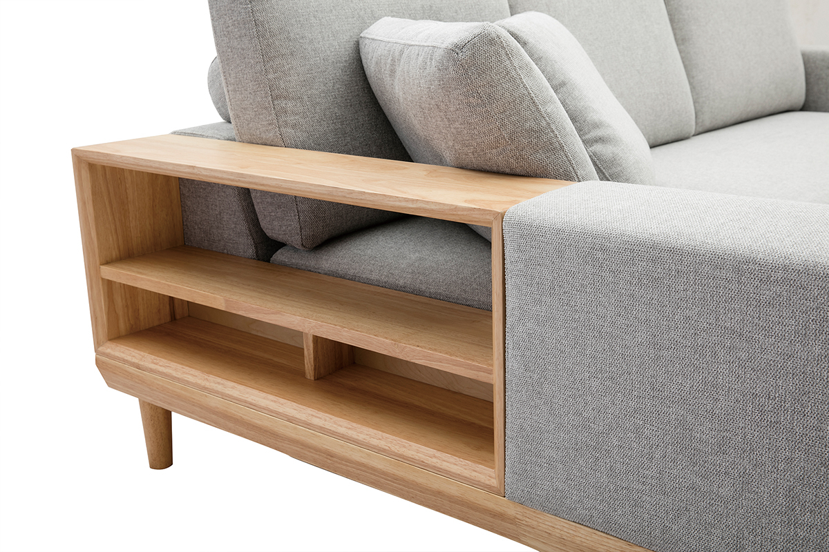 Ecksofa 5-Sitzer mit Stauraum hellgrauer Stoff mit strukturiertem Samteffekt und helles Holz KOMAO.