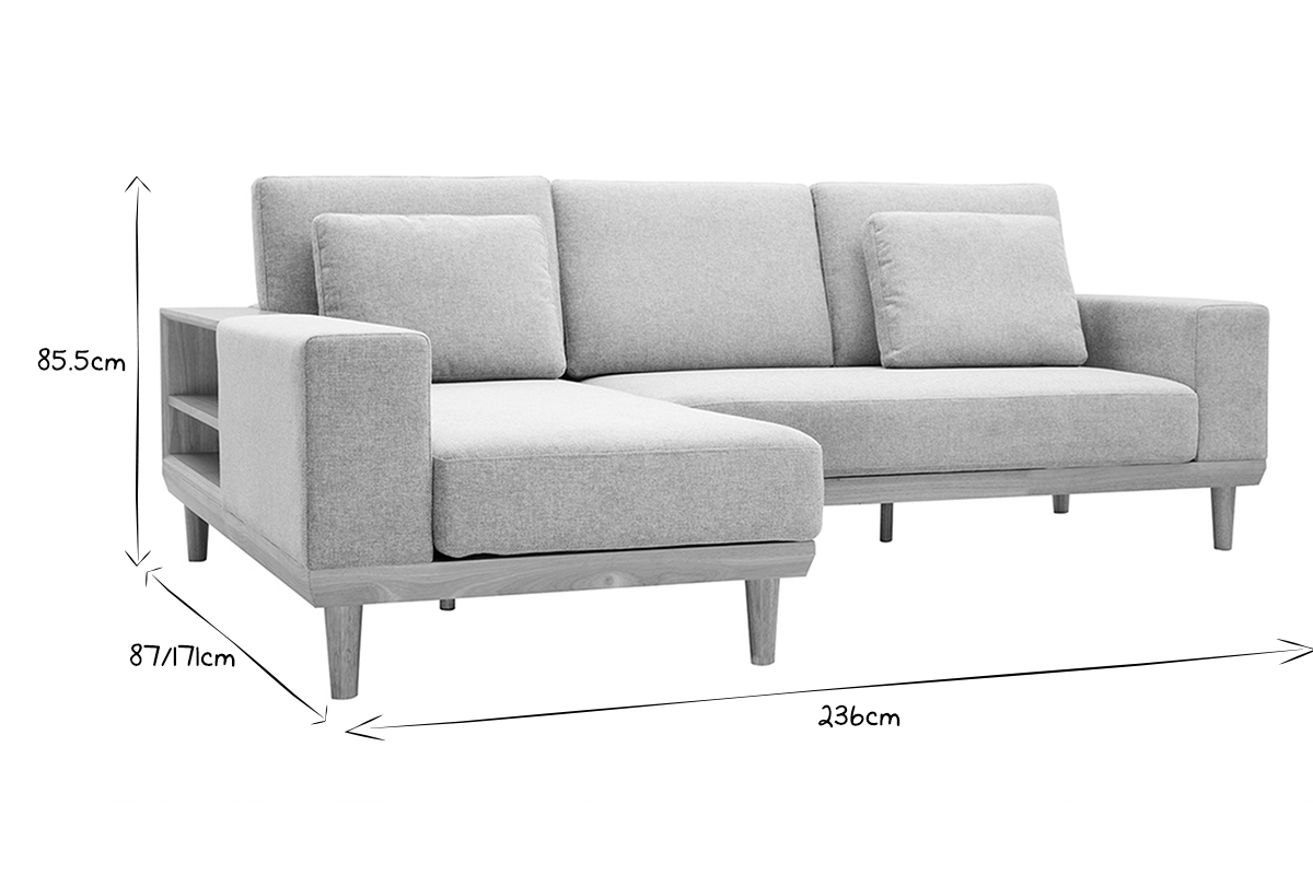 Ecksofa 5-Sitzer mit Stauraum hellgrauer Stoff mit strukturiertem Samteffekt und helles Holz KOMAO.